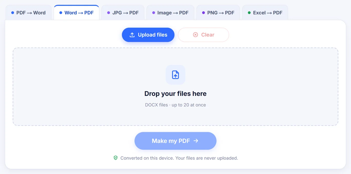 Empty Word to PDF tab with an Upload files button, a drop area for DOCX files up to 20 at once and a greyed Make my PDF button