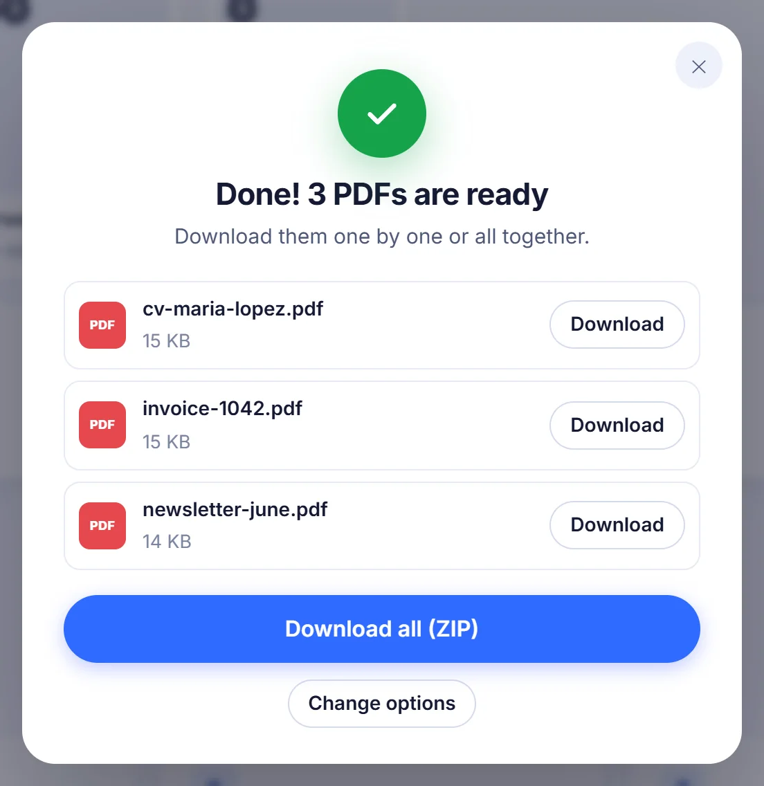 Done window listing cv-maria-lopez.pdf, invoice-1042.pdf and newsletter-june.pdf with separate Download buttons and a Download all (ZIP) bar